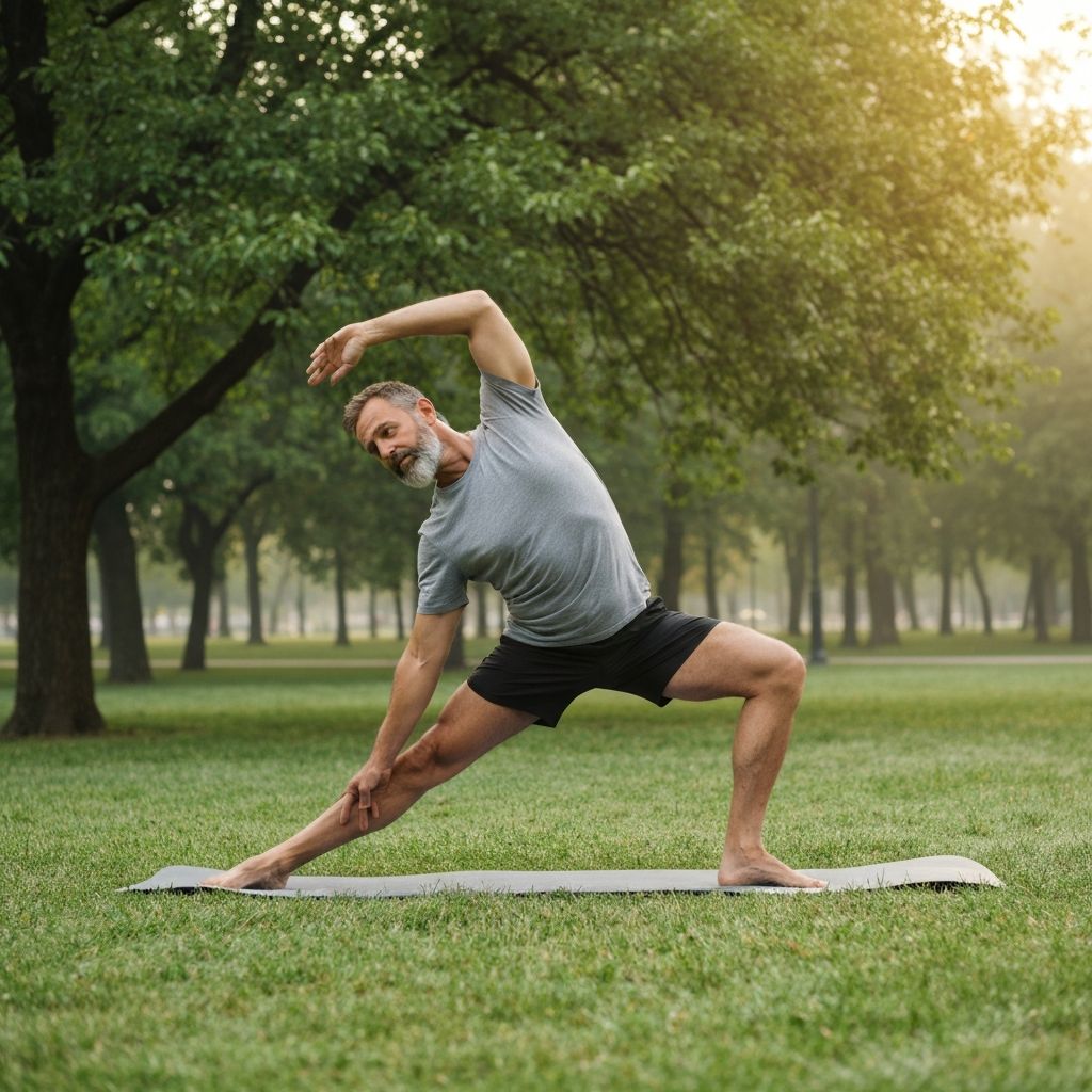 Pria berusia 40+ melakukan yoga di alam